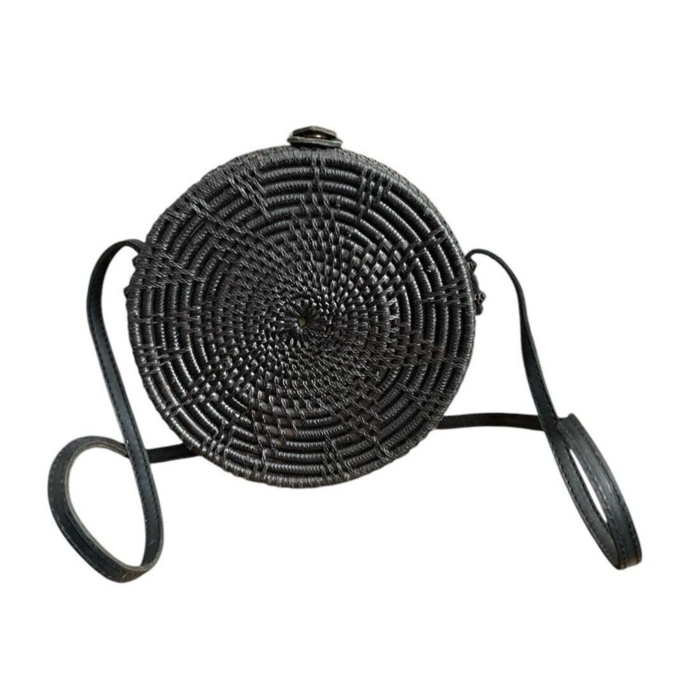Ameriii Purse Woven Round Rattan Bag Straw Wicker Cross Body Leather Strap Black